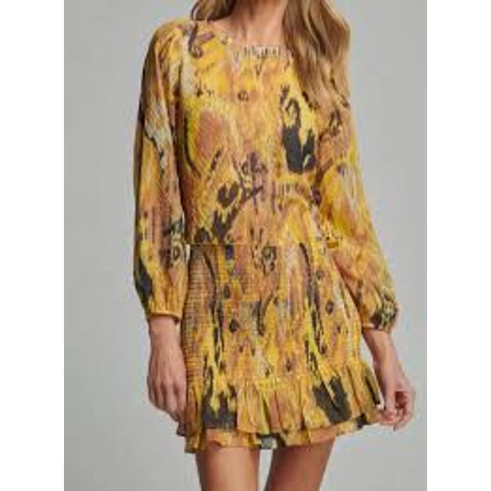 Sundays Andie Smocked Mini Skirt Yellow Abstract Print Ruffle Hem M NWT Festival - Picture 6 of 8